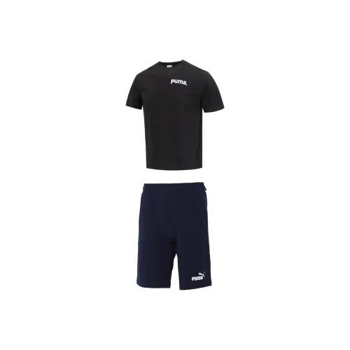 PUMA Clothing Комплект Черная Короткая Рубашка с Короткими Рукавами + Синие Шорты Мужские Повседневные Спортивные