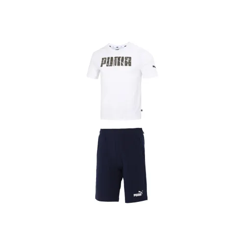 PUMA Clothing Комплект Белая короткая рубашка с короткими рукавами + синие шорты, мужская повседневная спортивная одежда