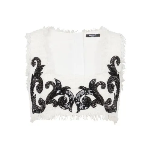 BALMAIN FW23 Барокко Strappy Твид Топ Топ на бретелях Женский Белый