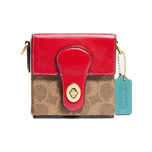 COACH Покрытый холст дубленая кожа маленькая квадратная сумка сумка через плечо женская коричневый желтый