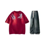 Комплект одежды (Топ бордового цвета + винтажные синие штаны)