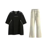 Черная короткая рукавка + желтые джинсы с эффектом грязи