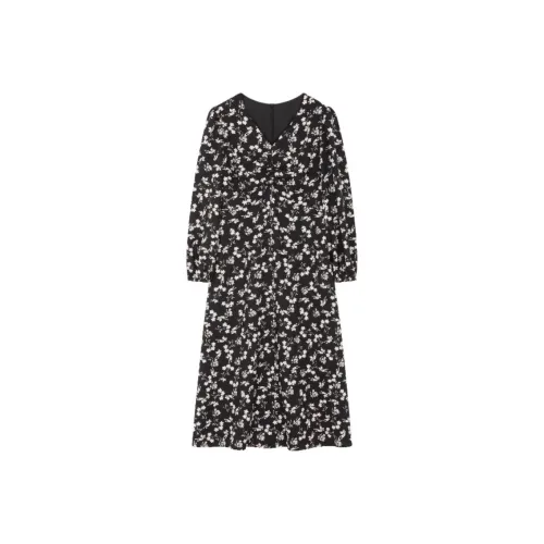 Mo Han Yi Mei Длинное платье с длинными рукавами женское черное с белыми цветами