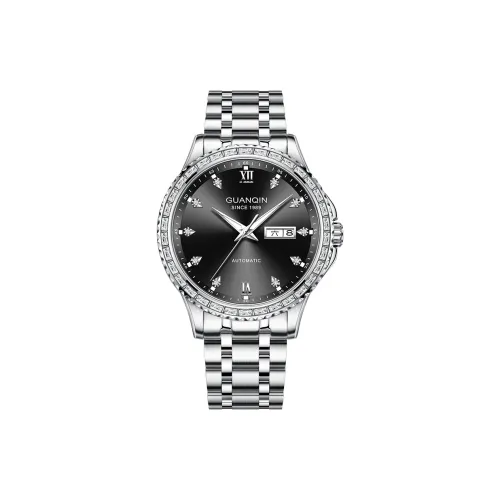 GUANQIN Автоматический Механический Механизм Нержавеющая Сталь Ремешок Часы Мужские Черный Циферблат