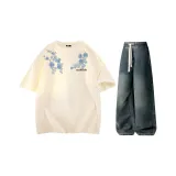 Комплект (абрикосовый топ+винтажные синие брюки)