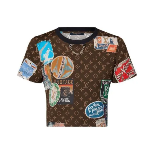 LOUIS VUITTON FLIGHT MODE Коллекция Логотип Узор Полный принт Круглый вырез Короткий рукав Т-рубашка Женская Коричневый