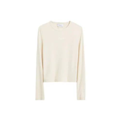 COACH Однотонный Логотип Вышивка Ткань с Рубчиком Длинный Рукав Т-Рубашка Женская Белая