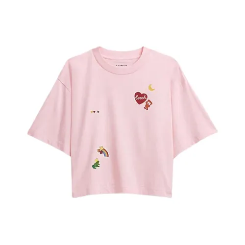 COACH Наклейка Вышитая Круглый вырез Укороченная Короткая Рубашка с короткими рукавами Женская Розовая