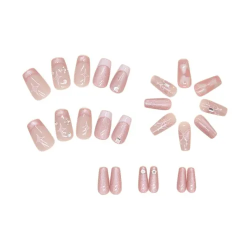 Сладкий подушечный дом Французский Chasing light Кошачий глаз Звезды Милый Свежий Бабочка False Nail Средний LADDER Лотосовый цвет Smudge