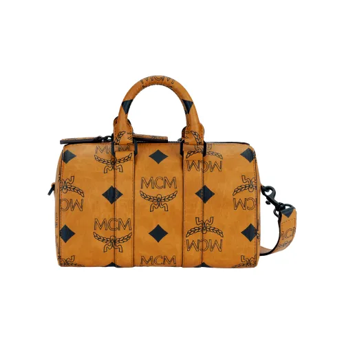 MCM Aren Visetos Покрытый холст Бостон Сумка через плечо Сумка Маленькая Унисекс Коричневый Коньяк