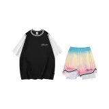 Черная рубашка с коротким рукавом + градиент розовые шорты