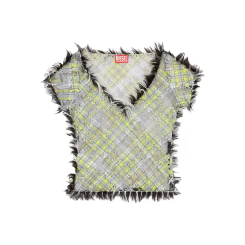 DIESEL Флокированная печать Клетка Укороченная V-образный вырез Короткий рукав Т-рубашка Женская Зеленый Черный