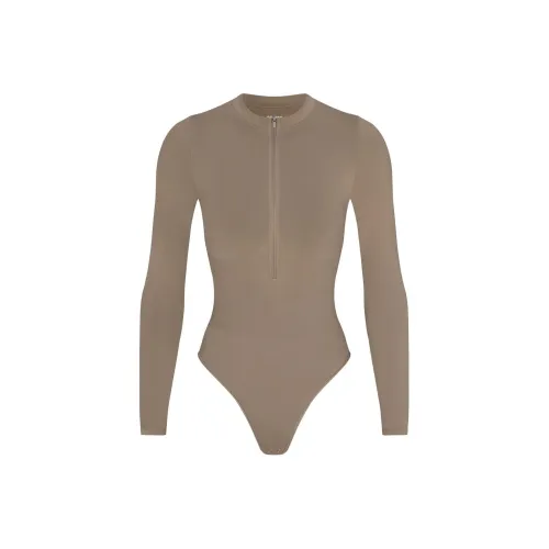 SKIMS Тень Нейлон ZIP Передняя часть Длинный рукав Комбинезон Bodysuit Женские Трюфель Truffle