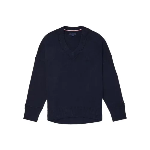 Tommy Hilfiger FW23 V-Neck Свитер Топы Трикотаж Женский Морской Синий
