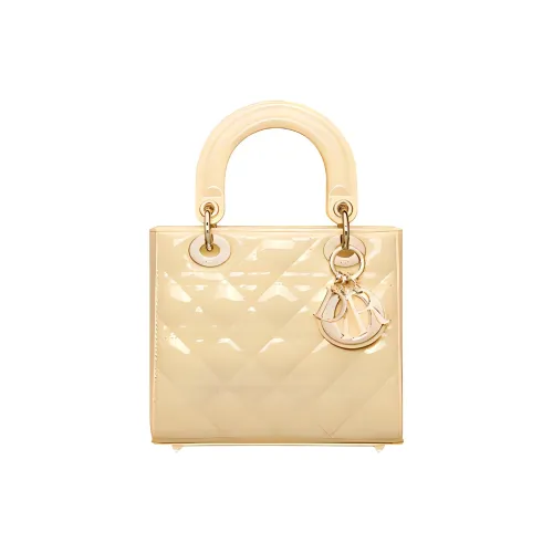 DIOR Лакированная кожа Телячья кожа Сумка Lady Dior Сумка через плечо Сумка Маленькая Женская Светло-желтая