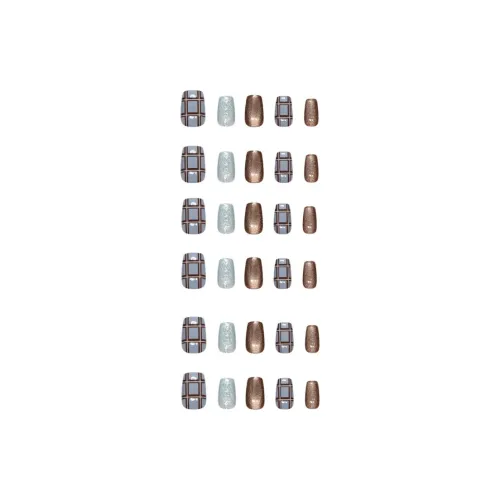 Sweet Pillow House Винтажный Синий Коричневый Цветовой блок Клетка Сияние False Nail Короткий Синий Jump Цвет