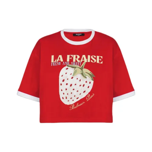 BALMAIN Футболка с принтом "Letter C" круглый вырез укороченный рукав короткая футболка женская красная