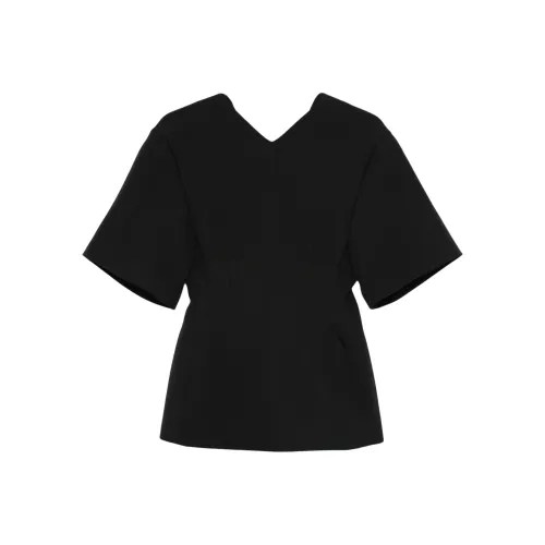 CARVEN Однотонный Спина Молния CORSET V Шея Короткий Рукав Т Рубашка Женские Черный