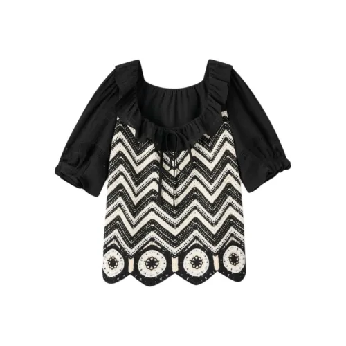 EICHITOO Шифон Рубашка Женская Черная с отделкой