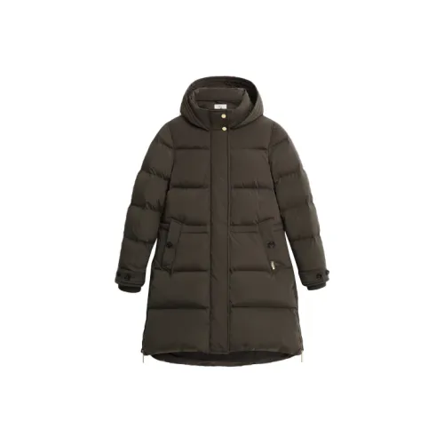 WOOLRICH Однотонный с капюшоном средний пуховик женский темно-зеленый