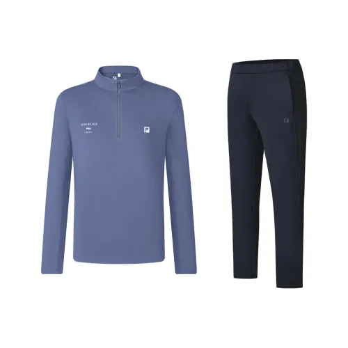 FILA Комплекты Ярко-Серый Синий T-Рубашка + Легендарный Синий Брюки Мужские Повседневная Спортивная Одежда