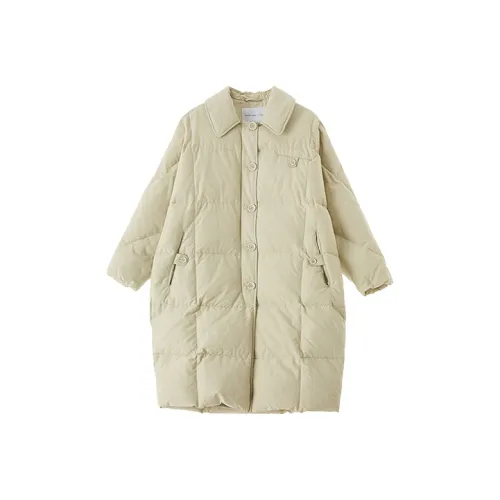 DEER AND FLYER Однотонный Отложной воротник Утолщенный LONG DOWN JACKET Женские Бежевый Серый Зеленый