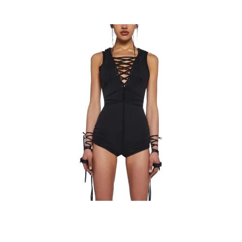 Dolls Kill DARKER WAVS Switch Lace Up Romper Jumpsuit Women's Black Black