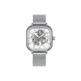 Серебряный корпус, белый циферблат, стальной ремешок.