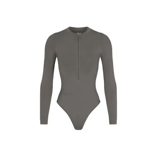 SKIMS Тень Нейлон ZIP Передняя часть Длинный рукав Комбинезон Bodysuit Женский Металлический Бронза