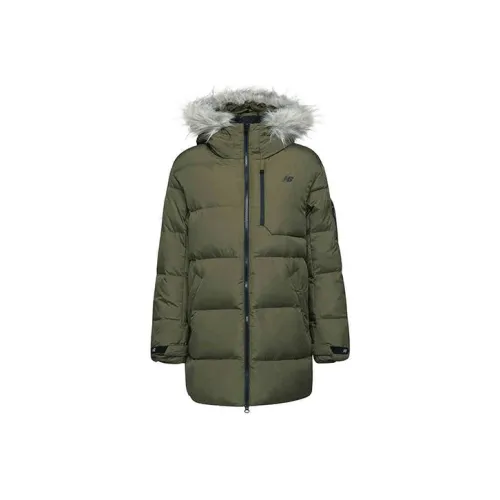 New Balance Letter Solid Color Hooded MID Length (Length Size) Down Jacket Women's Army Green