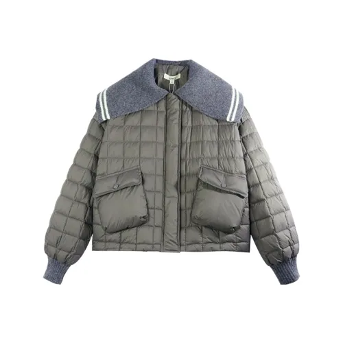 DFVC Однотонный Отложной воротник Свободный крой Короткий пуховик Женский Серый