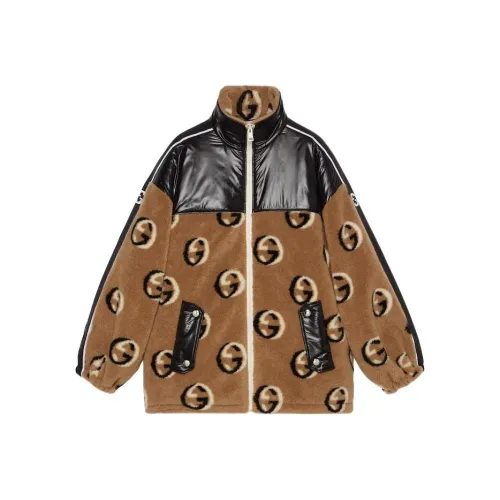 GUCCI GG Шерсть Флис Жаккард Застежка-молния Куртка Куртки Пальто Женские Коричневый