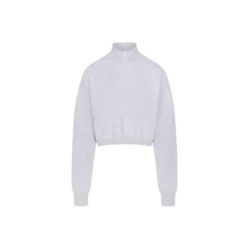 SKIMS FW24 Cotton Fleece Cropped Half-Zip Pullover Sweatshirt Women's Melange GREY Light Photinia Gray SKIMS FW24 Хлопок Флис Укороченный Полузастежка Пуловер Толстовка Женская Меланжевый GREY Светлый Фотиния Серый