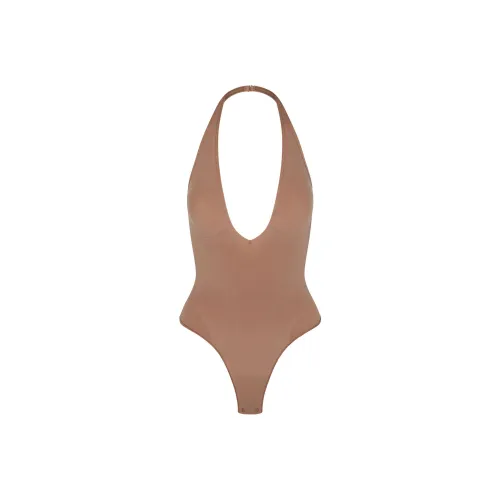SKIMS Бесшовный Sculpt Deep Plunge Стринг Комбинезон BODYSUIT Женский Sienna Охра