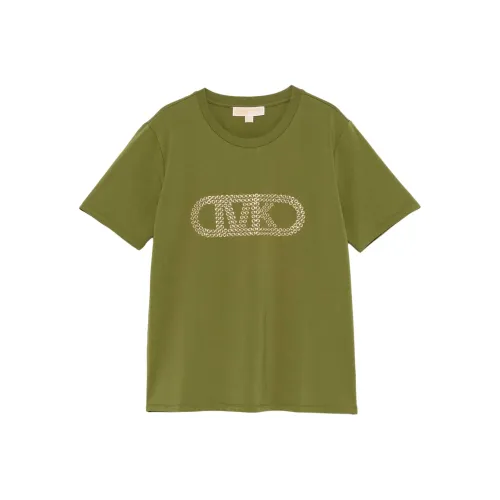 MICHAEL KORS Круглый вырез Ткань из вязаной ткани с переплетением Трикотажная ткань Аппликация Логотип Короткий рукав Рубашка Рубашка Женская Оливково-зеленый