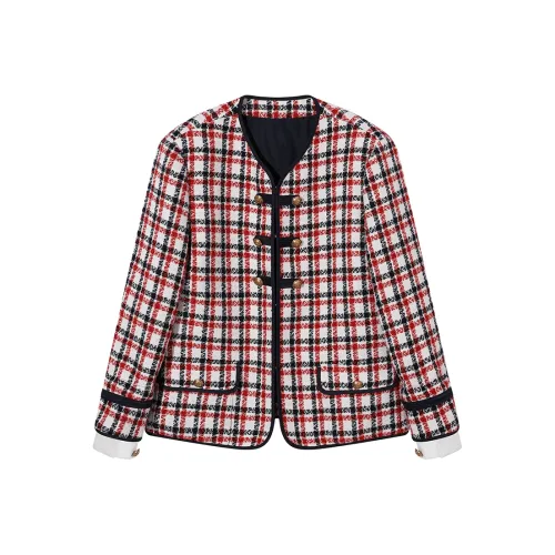 Ouyang Куртки Пальто Женские Белые Основа Красный Синий Клетка