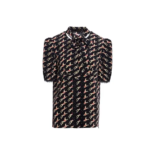 BESIONIA Принт с животными Одиночный Рукав Короткий Рубашка Женская Черный с принтом