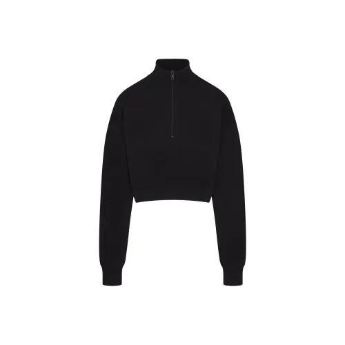 SKIMS FW24 Cotton Fleece Cropped Half-Zipper Pullover Sweatshirt Women's Onyx Onyx