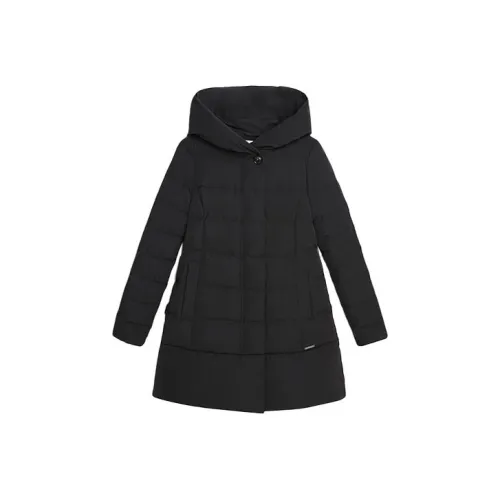 WOOLRICH Однотонный с капюшоном средний пуховик женский черный