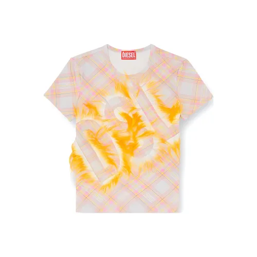 DIESEL Плюшевый Логотип Ромб Клетчатый Принт Круглый вырез Короткий рукав Т-рубашка Женская Апельсин