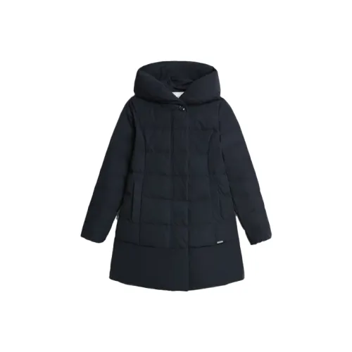 WOOLRICH Однотонный с капюшоном средний пуховик женский синий