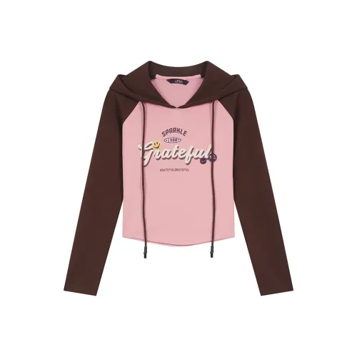 ELF SACK Американский Цветовой блок С принтом буквы Raglan С капюшоном Длинный рукав Т-рубашка Женская