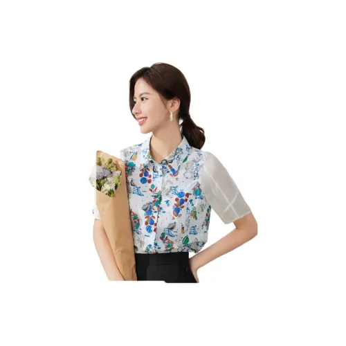 XIRAN Рубашка Женская Белая Основа с Синим Цветком