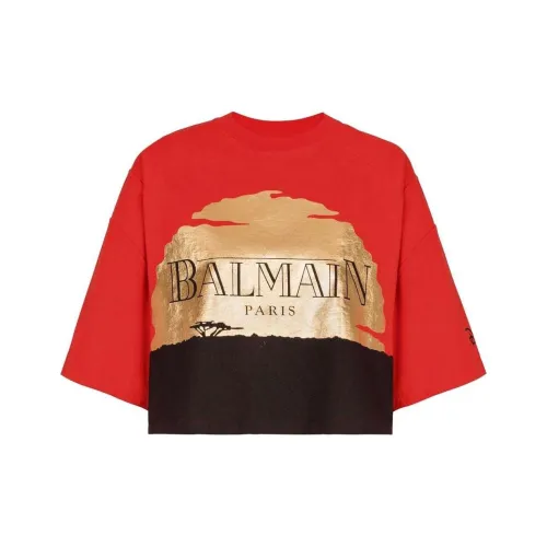 BALMAIN X Disney The Lion King Логотип с принтом Круглый вырез Укороченная Короткая рукавная рубашка Женская Ярко-красная