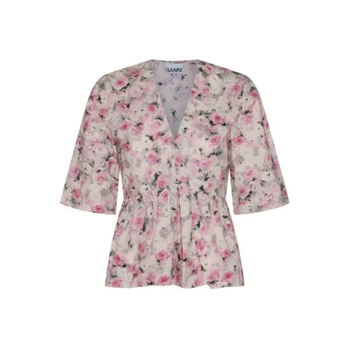 GANNI Printed Cotton V-Neck Peplum Blouse Shirt Women's Pink GANNI Printed Хлопок V-Neck Peplum Рубашка Женская Розовая
