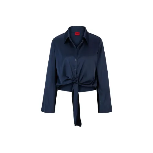 Hugo Boss Рубашка свободного кроя из эластичного сатина с деталями в виде узла женская темно-синяя