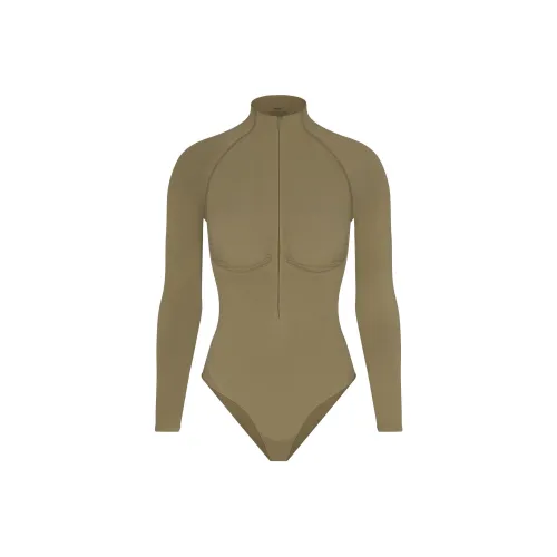 SKIMS Бесшовный Sculpt ZIP Передний Длинный Рукав Стринг Комбинезон BODYSUIT Женский Army Армейский Зеленый