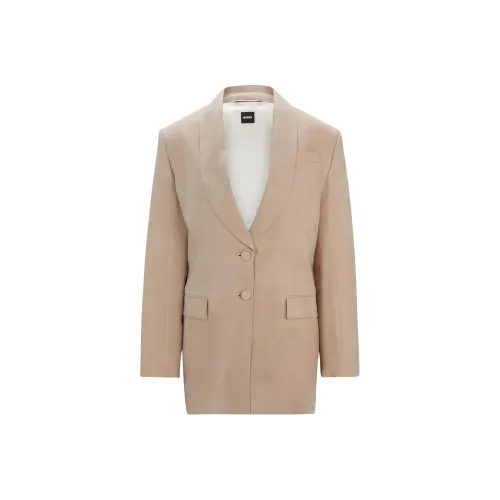 Hugo Boss Longline Облегающий крой Куртка с Rear Ремень Куртки Пальто Женские Бежевый