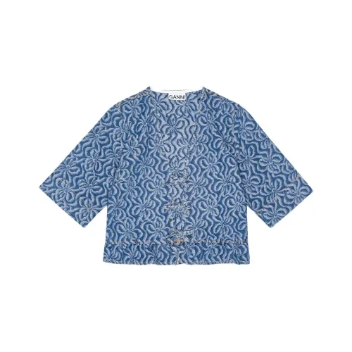 GANNI Acquard Denim Flounce Bow Blouse Shirt Women's Blue GANNI Acquard Denim Flounce Bow Рубашка Женская Синяя