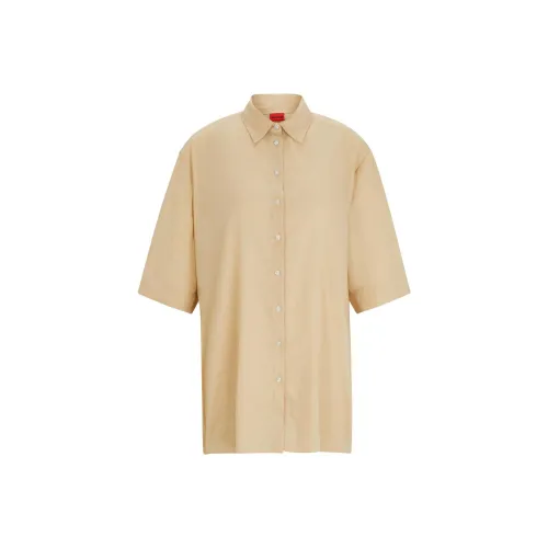 Hugo Boss Регулярный крой Блуза из смеси льна и хлопка Женская Светлый бежевый